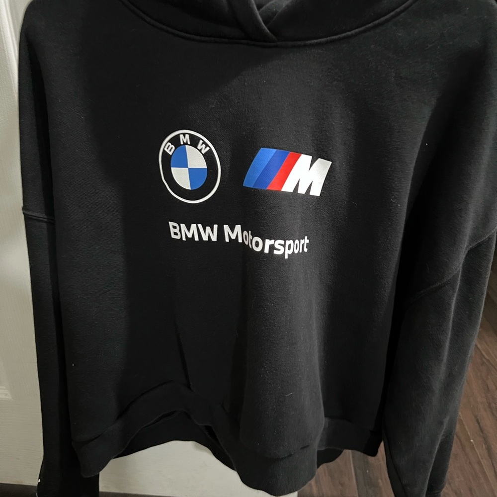 BMW Black Motorsport Cropped Women’s Hoodie with Tri-Color Stripes